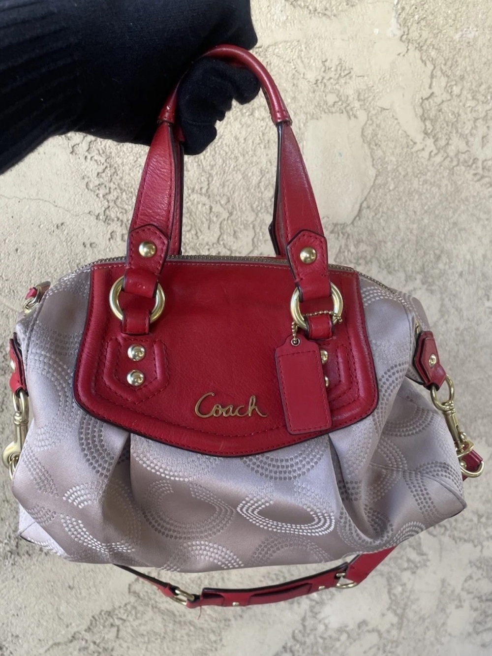 Coach Ashley Signature Khaki Red Op Art Dotted Satchel Crossbody, 2012, F20027 - Picture 1 of 16